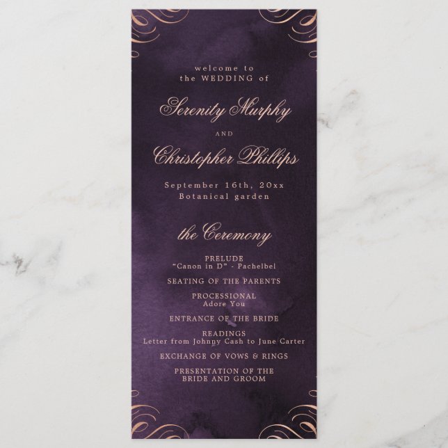 Moody purple rose gold Calligraphy Wedding Program Menu (Front)