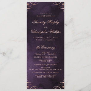 Moody purple rose gold Calligraphy Wedding Program Menu