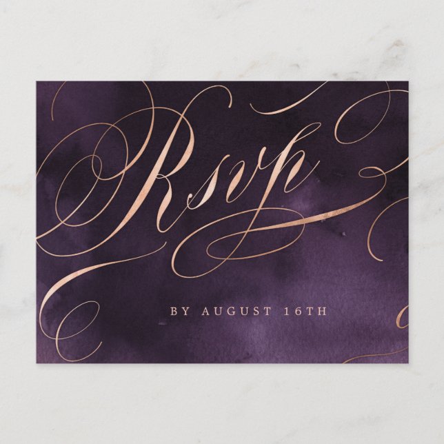 Moody purple rose gold calligraphy wedding RSVP Invitation Postcard (Front)