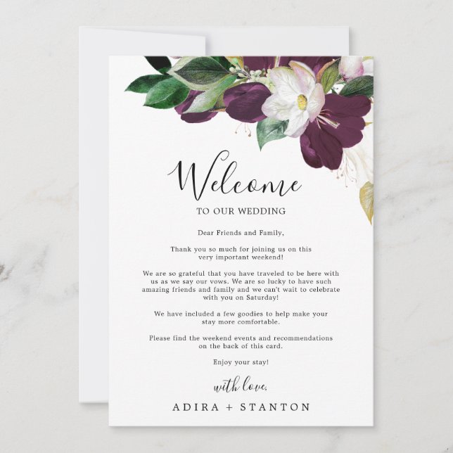 Moody Purple Wedding Welcome Letter & Itinerary (Front)