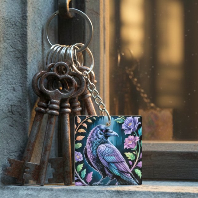 Moody Raven Dark Academia Floral Key Ring (Romantic Dark Academia Raven keychain– Gothic Nature Gift)