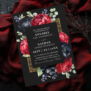 Moody Red and Black Elegant Floral Wedding  Invitation
