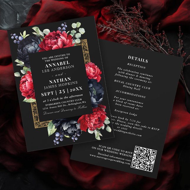 Moody Red and Black Elegant Floral Wedding QR Code Invitation (Creator Uploaded)