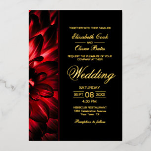 Moody Red Dahlia Floral Gold Text Wedding