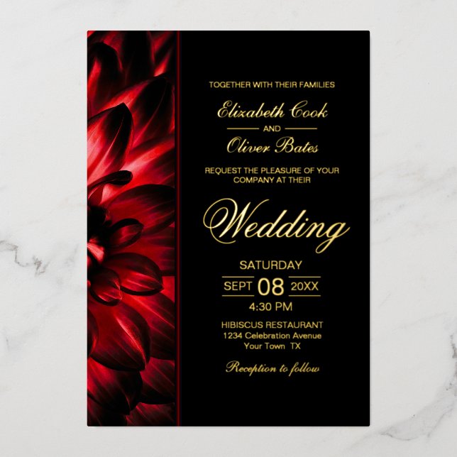 Moody Red Dahlia Floral Gold Text Wedding (Front)