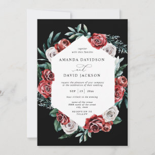 Moody Red Floral Greenery Elegant Wedding Invitation