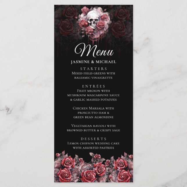 Moody Red Floral Skull Elegant Gothic Wedding Menu (Front)