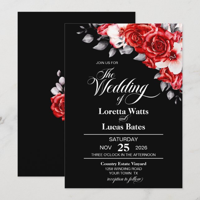 Moody Red Rose Floral Black Wedding Invitation (Front/Back)