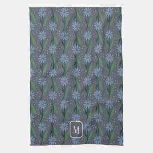 Moody Retro Blue Daisy Cottagecore Monogram Kitche Tea Towel