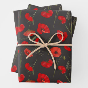 Moody Romantic Cherry Red Poppy Watercolor Wrapping Paper Sheet