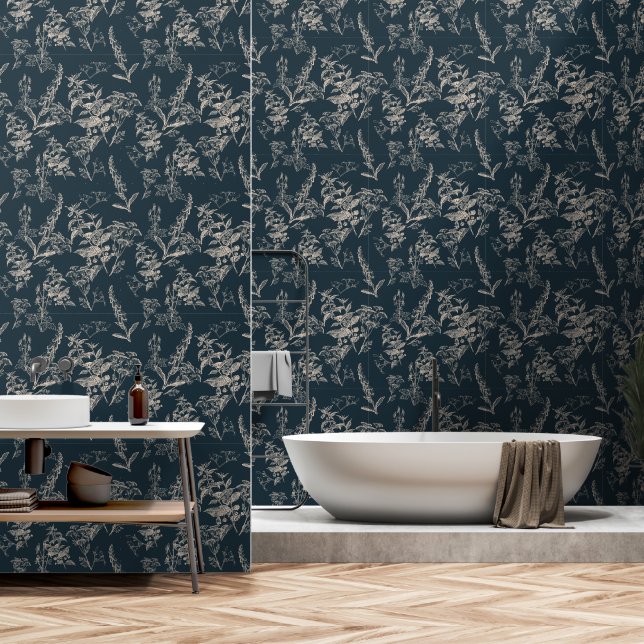 Moody & Romantic Dark Blue Botanical Wildflowers Wallpaper (Bathroom)