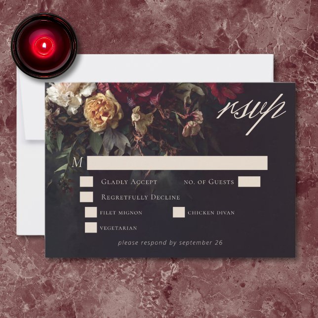 Moody Romantic Dark Floral Gothic Wedding RSVP Card (Creator Uploaded)