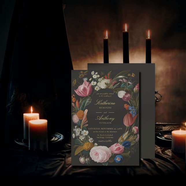 Moody Romantic Floral Frame Dreamy Wedding Invitation (moody romantic wedding invitation floral frame painting dutch masters elegant gothic dark black)