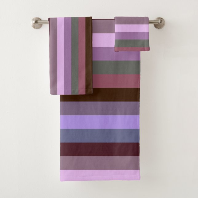 Moody Romantic Mauve & Brown Stripe Pattern Bath Towel Set (Insitu)