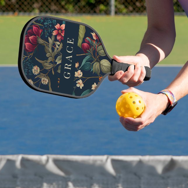 Moody Romantic Navy Blue Floral Pickleball Paddle (Insitu)