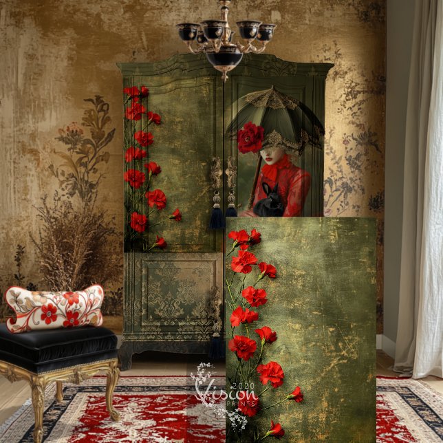Moody Romantic Scarlet Carnations Green Patina Tissue Paper (Moody Romantic Scarlet Carnations and Green Patina, Decoupage Tissue paper.)