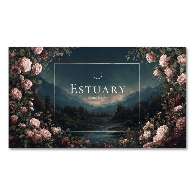 Moody Rose Floral and Twilight Mountain Landscape Magnetic Business Card (Front)