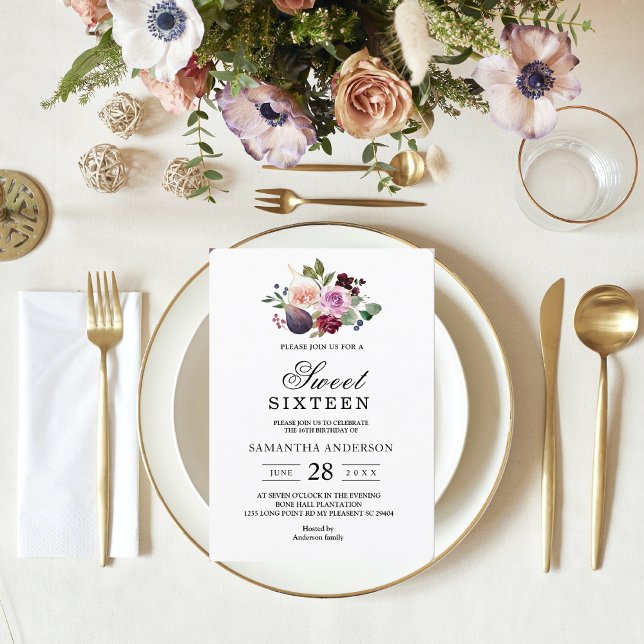 Moody & Rustic Burgundy Watercolor Flowers & Berry Invitation (Creator Uploaded)