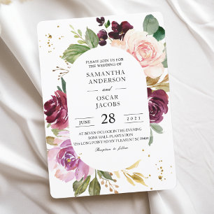 Moody & Rustic Burgundy Watercolor Flowers Frame  Invitation