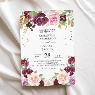 Moody & Rustic Burgundy Watercolor Flowers & Leaf Invitation