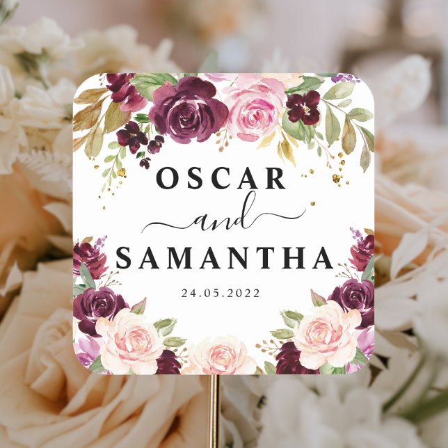 Moody & Rustic Burgundy Watercolor Flowers & Leaf Square Sticker (Creator Uploaded)