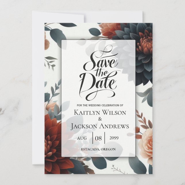 Moody Rustic Fall Florals Wedding Save The Date (Front)