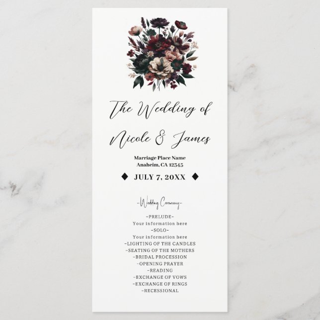 Moody Rustic Garden Florals Bohemian Wedding  Programme (Front)