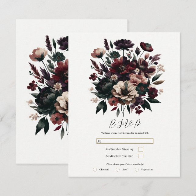 Moody Rustic Garden Florals Bohemian Wedding RSVP Invitation (Front/Back)
