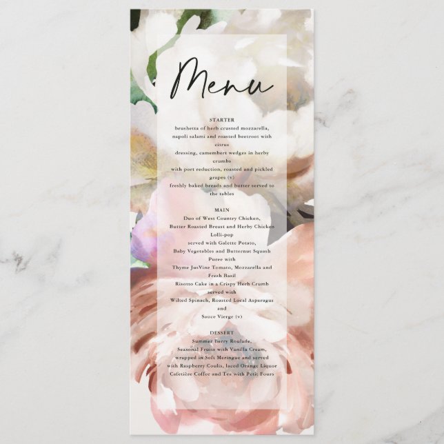 Moody rustic romantic peonies floral botanical menu (Front)