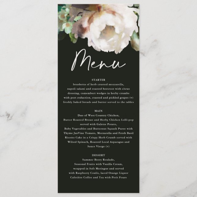 Moody rustic romantic peonies floral botanical menu (Front)
