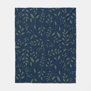 Moody Sage Green Leaves Navy Pattern Fleece Blanket