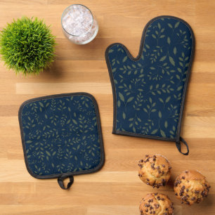 Moody Sage Green Leaves Navy Pattern Oven Mitt & Pot Holder Set