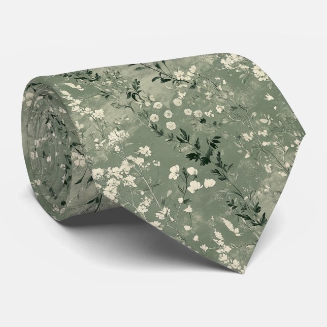 Moody Sage Green Wildflower Personalised Wedding Tie (Rolled)