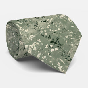 Moody Sage Green Wildflower Personalized Wedding Tie