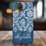Moody Sapphire Blue Vintage Damask Pattern Name iPhone 15 Pro Case<br><div class="desc">A vintage pattern with a trendy design with jewel tone colours and elegance. Items are easier to customise when you replace all text and photos first. If your art still needs to be adjusted, click on the Customise This button. This will take you to a design area where you can...</div>