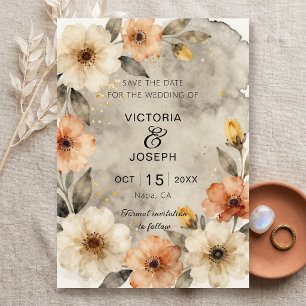 Moody Sepia Boho Watercolor Floral Gold Wedding Save The Date