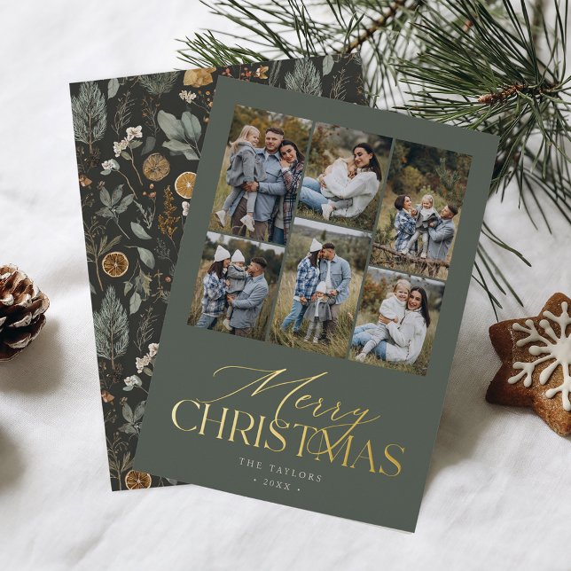 Moody Spruce Green Photo Collage Gold Foil Holiday Card (Creator Uploaded)