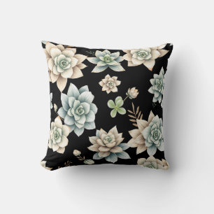 Moody Succulent Rosette Black Botanical Luxury Cushion