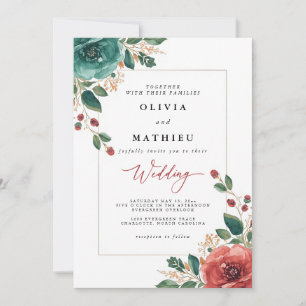 Moody Teal and Red Floral Wedding Invitation