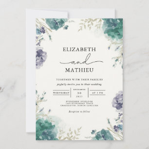 Moody Teal Botanical Bloom Wedding Invitation