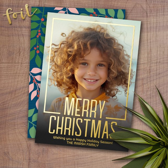 Moody Teal Botanical Merry Christmas Border Photo Foil Holiday Card (Photo Christmas Card with Gold Foil Accent - Modern Merry Christmas)