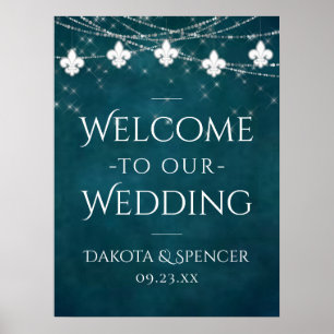 Moody Teal Fleur de Lis Light Wedding Welcome Poster