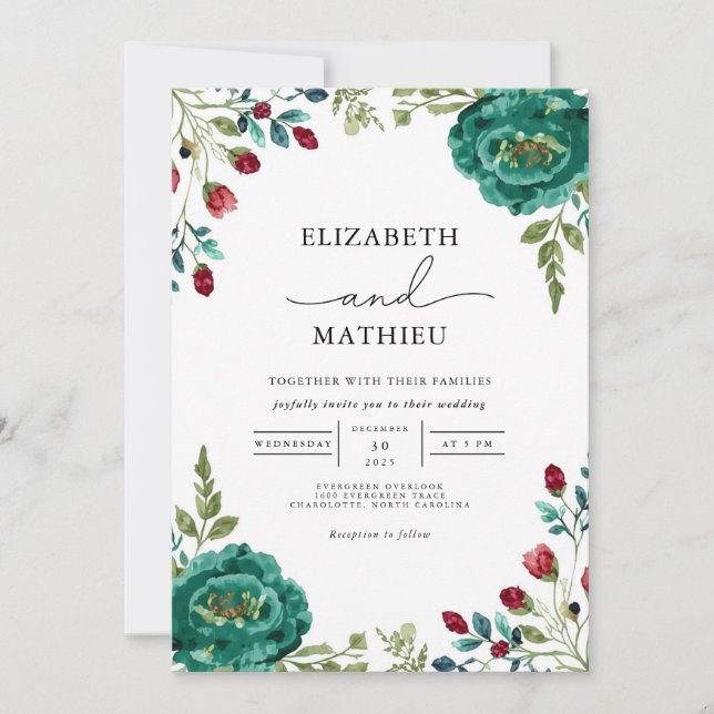 Moody Teal Floral Botanical Wedding Invitation (Front)