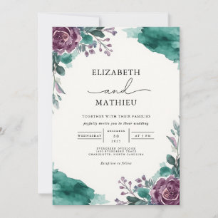 Moody Teal Floral Watercolor Wedding Invitation