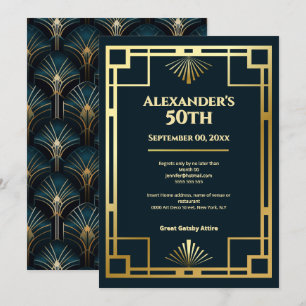 Moody Teal Gold Art Deco 50th Birthday Glam Invitation