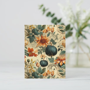 Moody Teal Pumpkin Autumn Floral Vintage Postcard