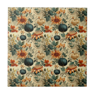 Moody Teal Pumpkin Autumn Floral Vintage Tile