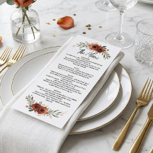 Moody Terracotta Boho Floral menu Fall wedding