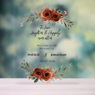 Moody Terracotta Boho Floral Wedding Welcome Acrylic Sign