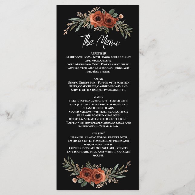Moody Terracotta Floral Boho Wedding Menu (Front)